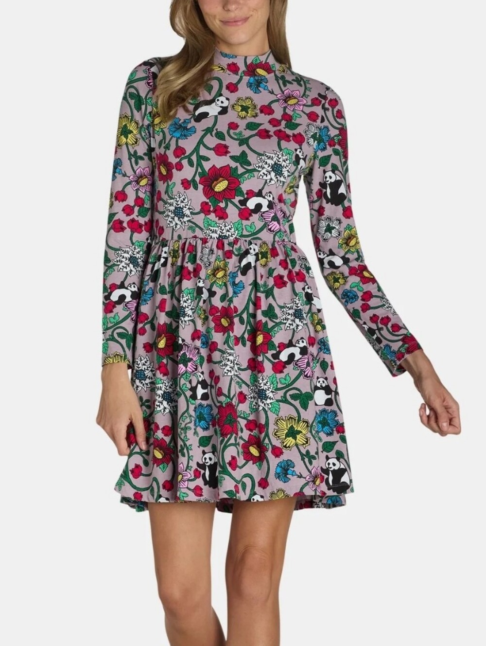 ❤️Panda Floral Print Long-Sleeve Fit & Flare Dress